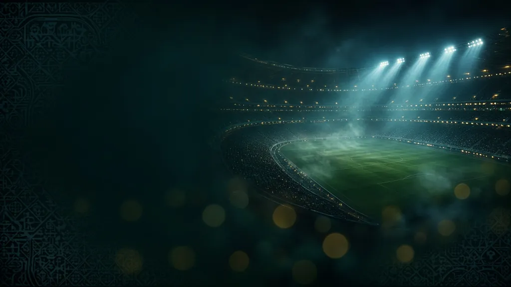 Estádio de futebol iluminado à noite, com linhas de luz dourada e azul