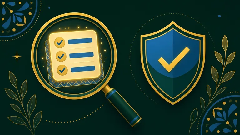 Ilustração: lupa sobre uma lista de verificação e escudo com visto